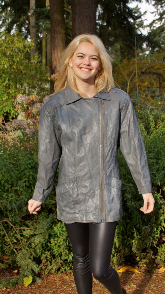 80's Mob Wife Gray Leather Moto Motorcycle Jacket - image 2