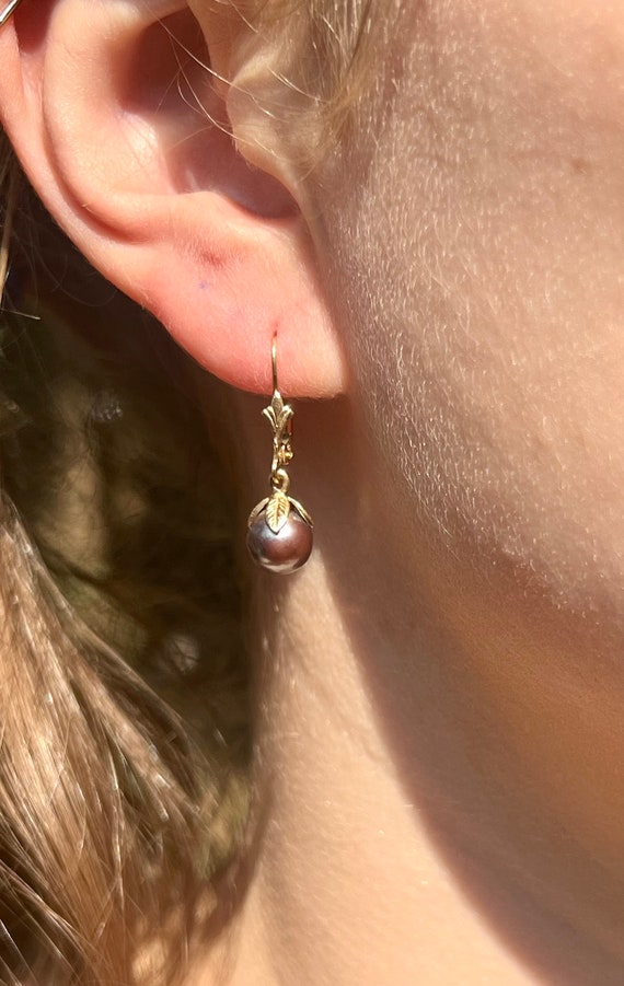14k Gold Tahitian Pearl Flower Drop Earrings