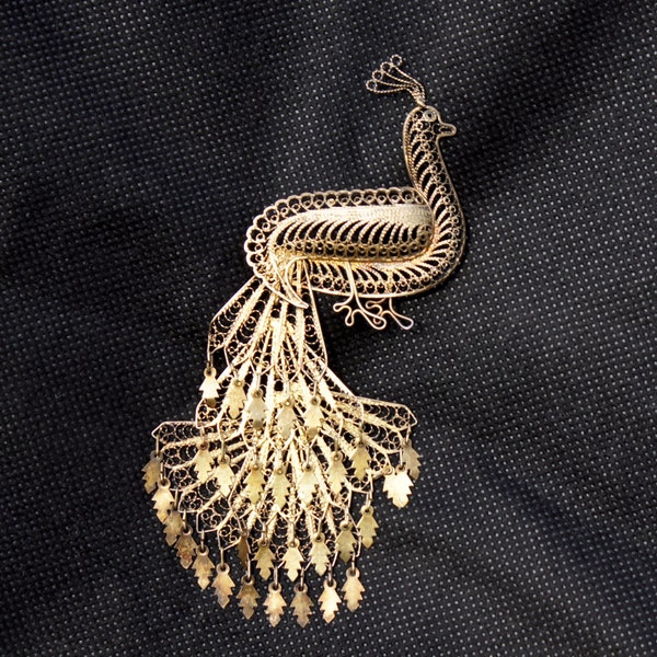 Portuguese Filigree Tiered Peacock Brooch