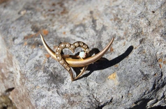 Victorian 14K Gold Opal Pearl Crescent Heart Brooc