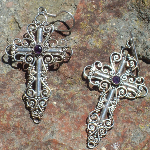 Indonesian Amethyst Silver Filigree Silver Cross Crucifix Earrings