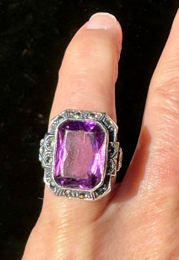 Art Deco Sterling Silver Marcasite Amethyst Ring