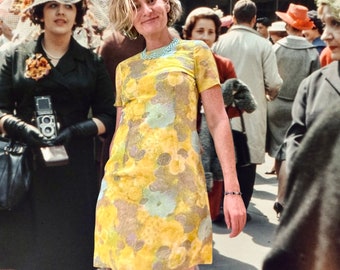 60’s Silk Chiffon Water Color Yellow Floral Shift Dress