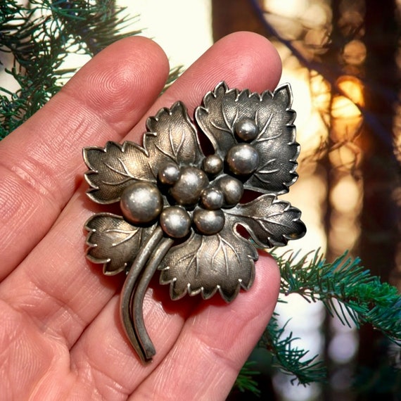 Sterling Silver Grape Leaf Brooch - image 1