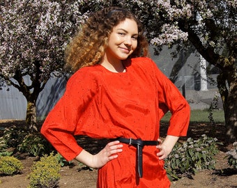 80&#39;s Avant Garde Ruched Red Polka Dot Dress