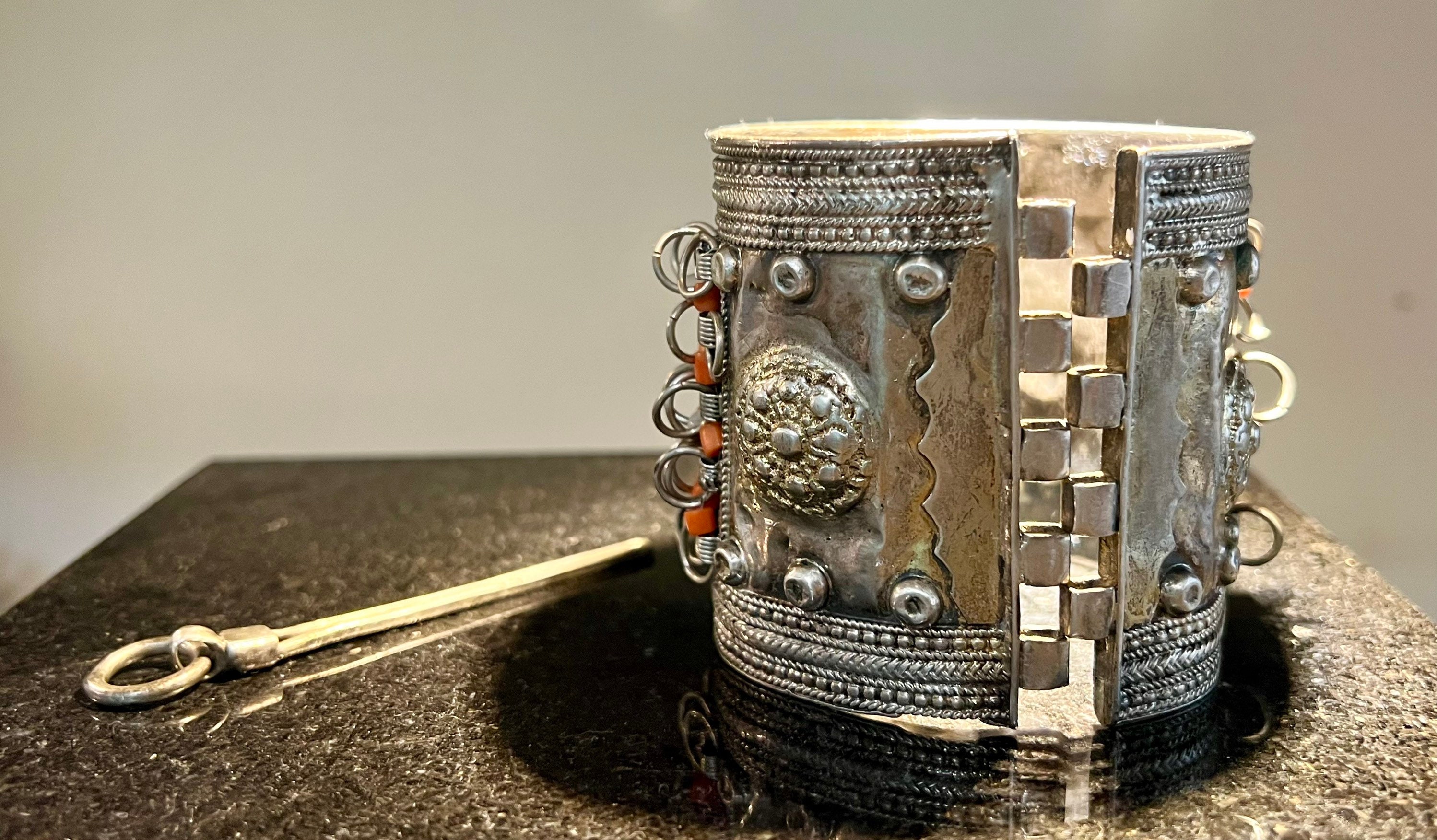 Middle Eastern Berber Bedouin Silver Shell Coral Beaded Cuff