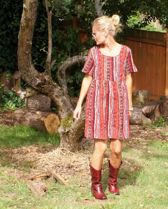 90's Tribal Baby Doll Mini Dress Ethnic Print