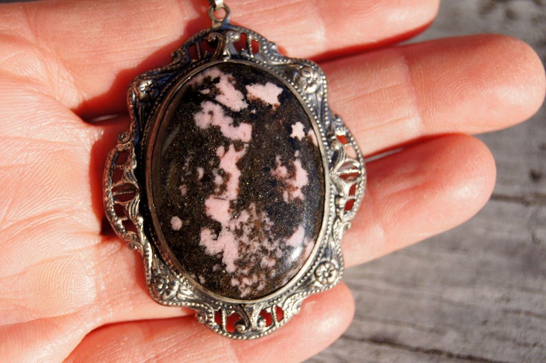 Rhodonite Silver Filigree Healing Stone Necklace