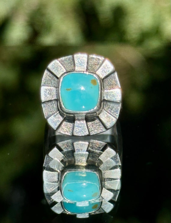 Artist Made Turquoise Modernist Sunburst Ring Sign