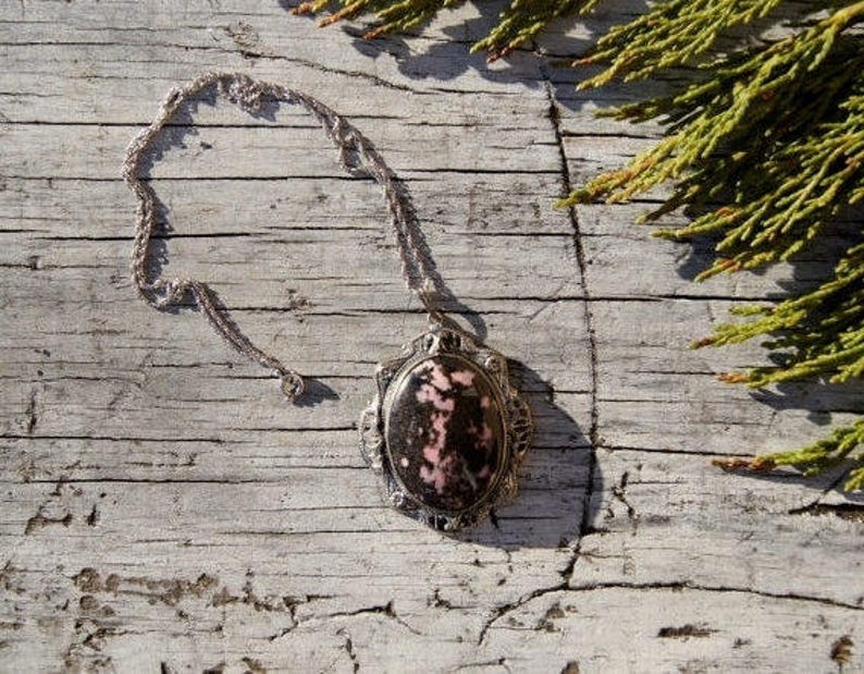 Rhodonite Silver Filigree Healing Stone Necklace