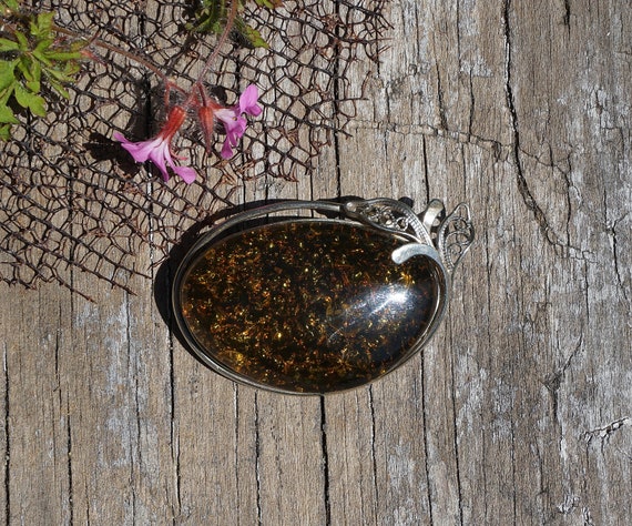 Baltic Amber Sterling Silver Large Brooch Pin - image 2