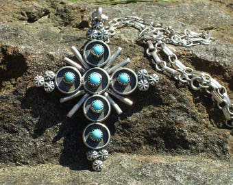 Zuni Native American Turquoise Crucifix Cross Necklace