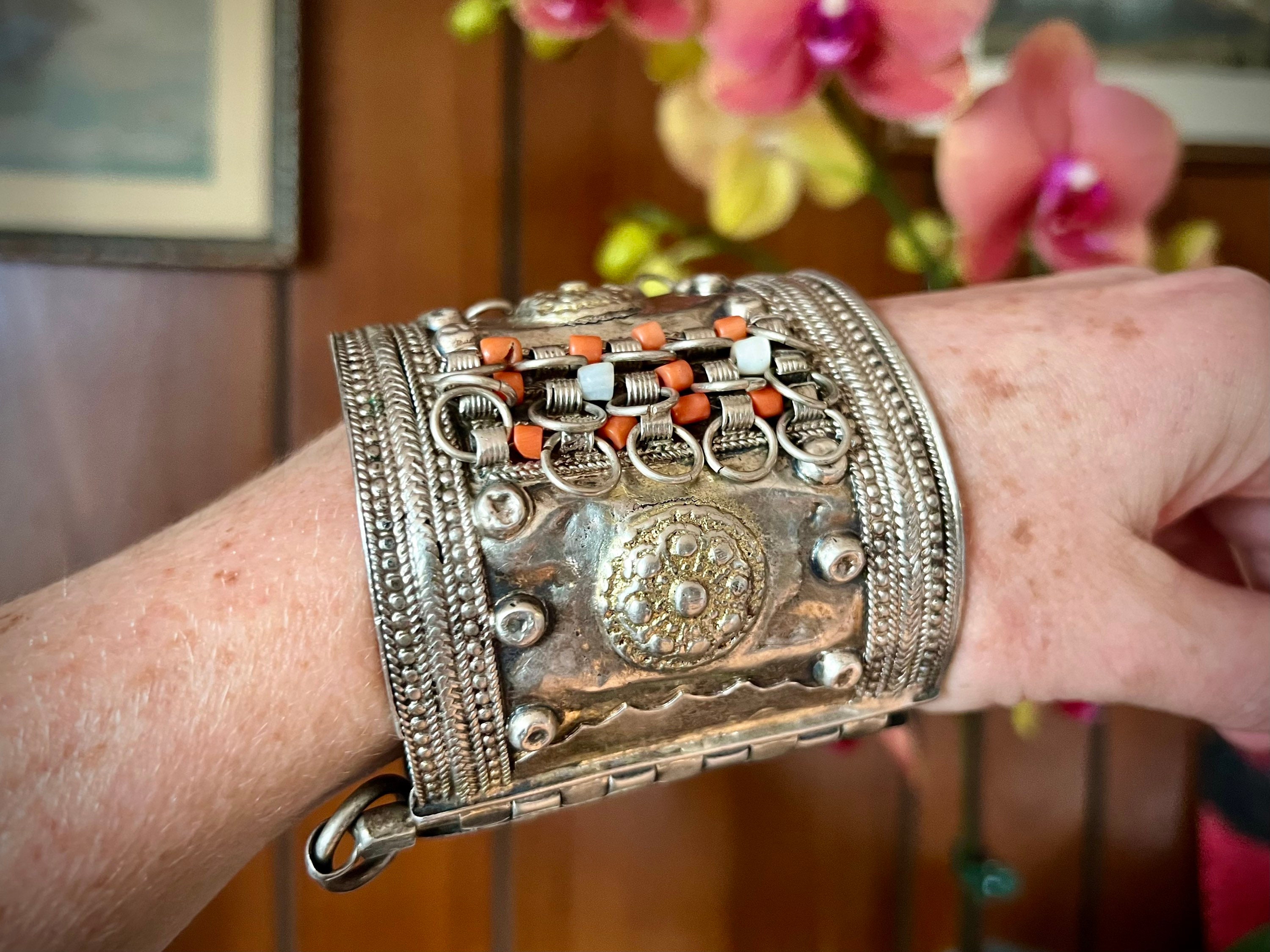 Middle Eastern Berber Bedouin Silver Shell Coral Beaded Cuff Bracelet