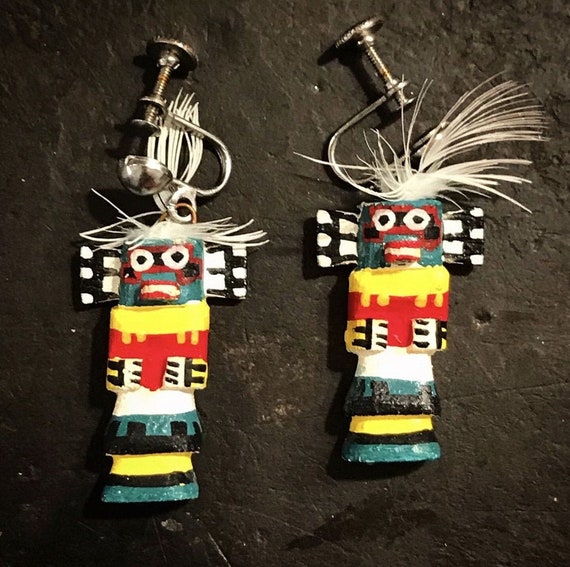 Hopi Kachina Doll Handmade Carved Wood Earrings