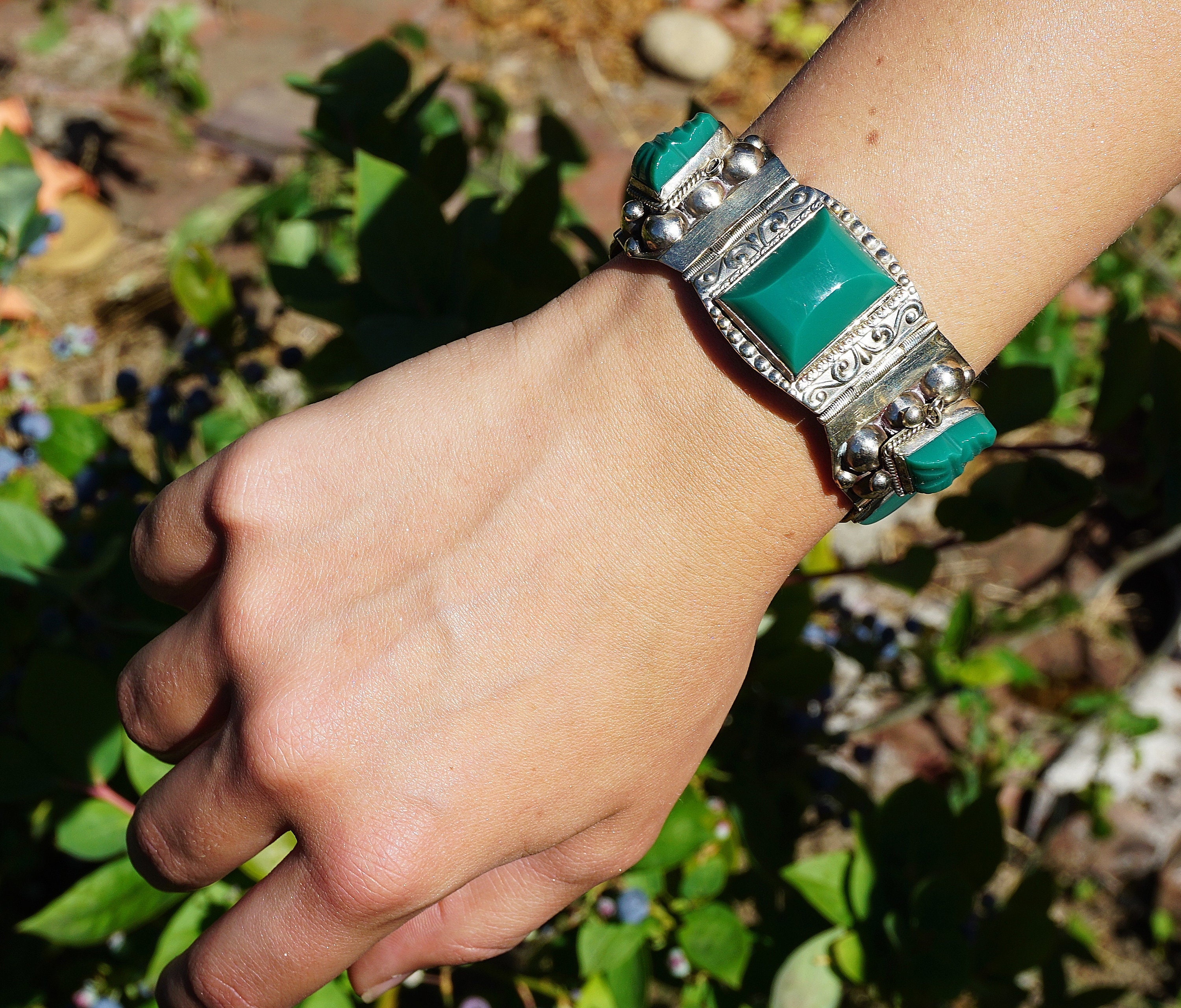 Sterling Silver Mexican Jade Glass Aztec Mask Bracelet - Etsy