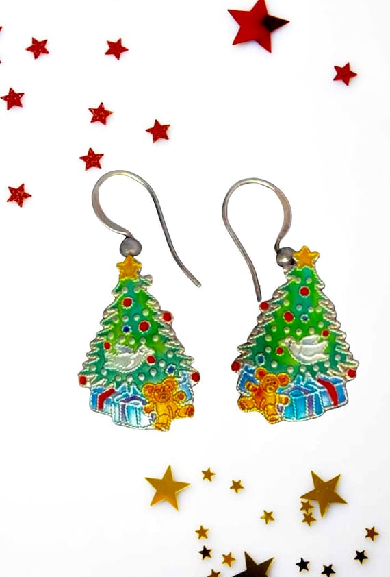 Enameled Sterling Christmas Tree Earrings