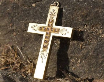 Victorian Etruscan 14K Gold Crucifix Cross Pendant Mourning Jewelry