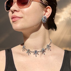 Vintage AB Rhinestone Choker Necklace and Earrings Set Blues