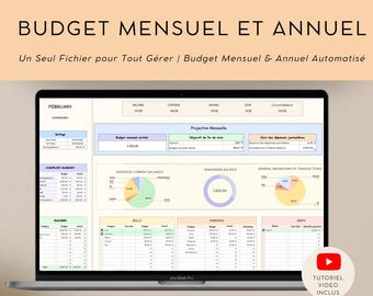 Puede incluir: Un MacBook Pro muestra una hoja de cálculo financiera con gráficos y tablas. La pantalla muestra detalles del presupuesto, incluidos ingresos, gastos y ahorros. El texto en la parte superior dice "BUDGET MENSUEL ET ANNUEL". El texto inferior dice "ADAPTE AU TDAH | SIMPLE ET INTUITIF".