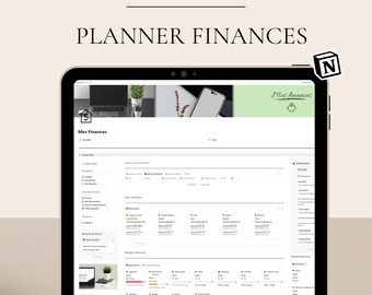 May include: A digital tablet displaying a financial planner template. The screen shows a detailed financial dashboard with various categories and data. The text "PLANNER FINANCES" is at the top, with "TEMPLATE NOTION" above it. The text "VIDEO TUTORIEL INCLUS" is at the bottom.