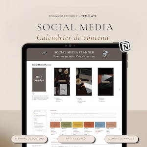 Könnte beinhalten: Ein digitaler Tablet-Computer mit einer Social-Media-Planer-Vorlage. Der Bildschirm zeigt Abschnitte für Planung, Strategie und Ressourcen. Text enthält "Social Media Planner" und "Calendrier de contenu."
