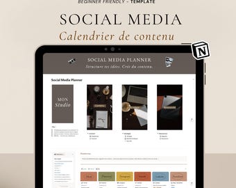 May include: A digital tablet displaying a social media planner template. The screen shows a content calendar with sections for planning, strategy, and resources. Text includes "Social Media Planner" and "Beginner Friendly - Template."