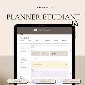 Op de afbeelding: Een digitale studentenplanner op een tabletscherm. De interface toont secties voor cursussen, taken en notities. De tekst bevat "Planner Etudiant", "Mes Études" en categorieën zoals "Informatique" en "Architecture".
