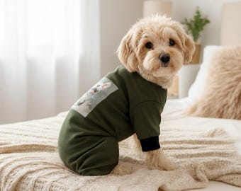 May include: A small, light-colored dog wearing a dark green dog jumpsuit. The jumpsuit has a black cuff on the sleeves and a graphic on the back. The dog is sitting on a beige, textured blanket.