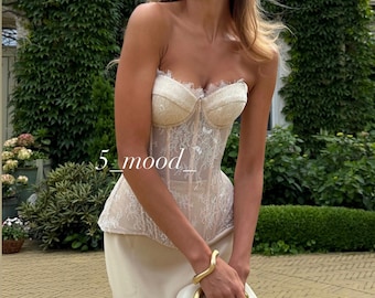 Elegant White Bridal Set: Custom Corset Top and Minimalist Satin Skirt, satin plus size wedding corset dress