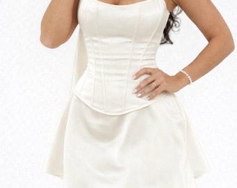 Two-Piece Bridal Corset Set, Satin Corset Top and Mini Skirt, Handmade Wedding Outfit, Custom Fit Bridal Two-Piece Evening Outfit