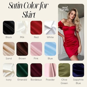 May include: A colour chart titled Satin Color for Skirt displaying eighteen fabric swatches in black, milk, red, white, sand, brown, pink, blue, ivory, emerald, bordeaux, powder, olive green, and sapphire blue, alongside a red satin dress.