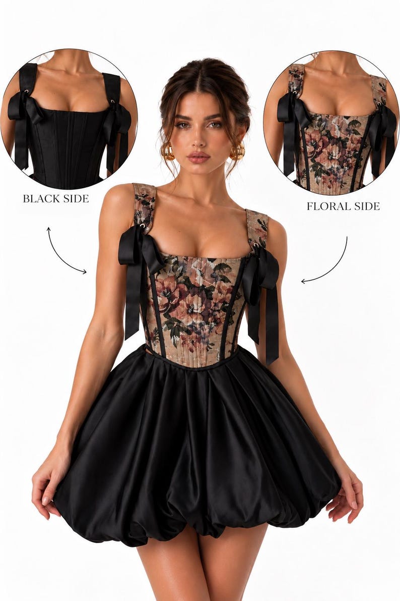 May include: A reversible corset dress featuring a floral print side and a solid black side. The bodice has square straps with black ribbon bows. The skirt is a black, voluminous bubble style. Text labels indicate BLACK SIDE and FLORAL SIDE.