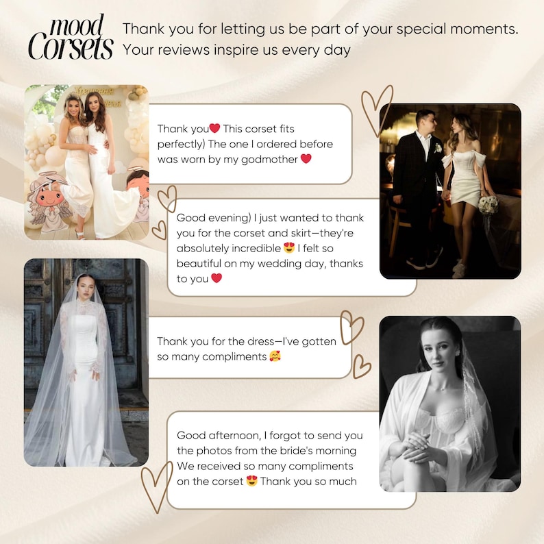 May include: A collage of four photographs featuring individuals wearing white bridal corsets and dresses, accompanied by text bubbles containing customer reviews for Mood Corsets, including phrases like Thank you for letting us be part of your special moments.