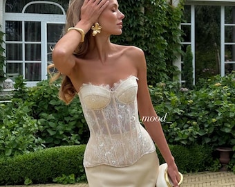 White corset wedding dress, custom bridal corset top, satin minimalist wedding skirt, plus size corset dress