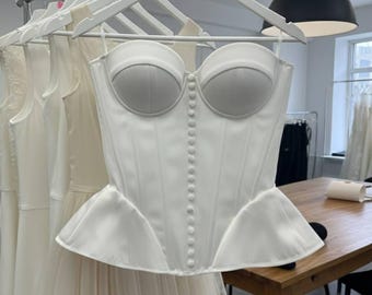 White Satin Two Piece Set, Structured Corset with Cups and Long Pencil Skirt, Bridal Outfit, Wedding Guest Dress