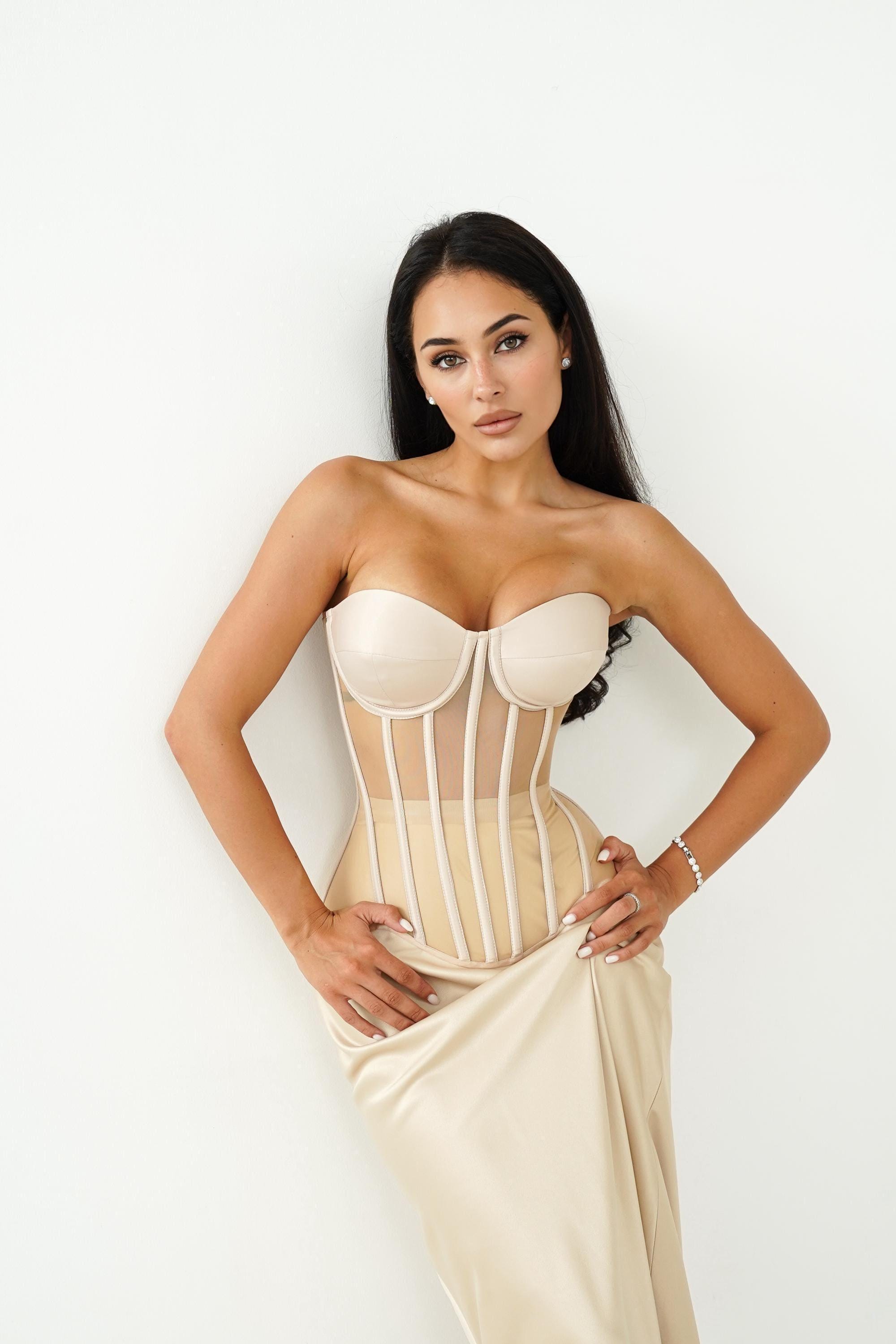 Mesh Corset with Cups or Corset Set with Maxi Skirt, Sheer Boned Corset Top Lace Up Back, Satin Maxi Skirt, Custom Size Evening Outfit