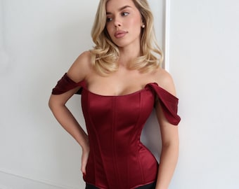 Burgundy Satin Corset Dress, Formal Evening Custom Corset Dress, Bridesmaid Off Shoulder Corset with Flowing Maxi Skirt, Prom Corset Dress