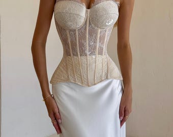 Two Piece Wedding Set, Corset Top and Satin Maxi Skirt, Plus Size Corset Dress, Bridal Corset Outfit
