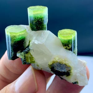May include: A mineral specimen featuring three elongated, hexagonal green tourmaline crystals with vibrant lime-green terminations. These crystals are embedded in a cluster of translucent, milky white quartz matrix with small dark inclusions.