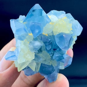 May include: A cluster of translucent blue and pale yellow fluorite crystals. The mineral specimen features sharp, geometric crystal points with a glassy texture, showcasing a mix of deep blue and soft yellow hues throughout the formation.
