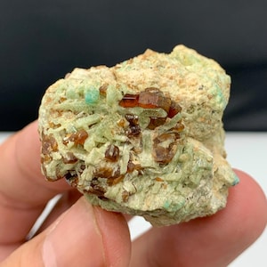 Puede incluir: Primer plano de un espécimen mineral que presenta una matriz verde claro con grupos de pequeños cristales de color marrón rojizo. El mineral tiene una superficie rugosa y texturizada con toques de azul y beige.