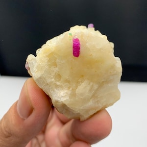 May include: A rough, light-yellow mineral specimen with vibrant, hot pink ruby crystals protruding from its surface. The ruby crystals are elongated and clustered, adding a striking contrast to the softer, beige-toned matrix. A small green crystal is also visible.