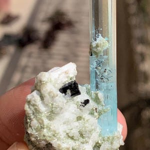 Może przedstawiać: Wysoka, półprzezroczysta, jasnoniebieska kolumna kryształu akwamarynu stoi pionowo obok skupiska białej i jasnozielonej matrycy mineralnej. Matryca zawiera małe, osadzone czarne kryształy i ma szorstką, krystaliczną teksturę na całej swojej powierzchni.