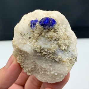 Puede incluir: Un espécimen mineral en bruto, sin cortar, con una matriz de cuarzo blanco salpicada de pequeños cristales de pirita dorada. Dos vibrantes piedras de lapislázuli azul oscuro están incrustadas en el cuarzo, mostrando un contraste llamativo.