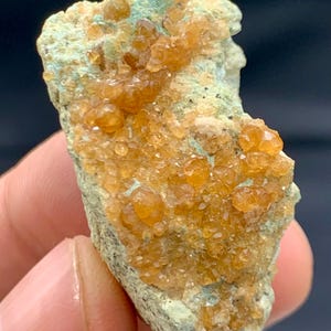 Puede incluir: Primer plano de un espécimen mineral con una matriz verde claro y grupos de pequeños cristales de color naranja-amarillo. Los cristales tienen una textura brillante y granular, y la apariencia general es áspera y natural.