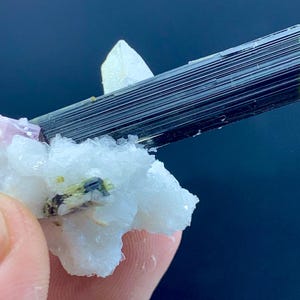 Może przedstawiać: Zbliżenie okazu mineralnego z ciemnym, wydłużonym kryształem z zieloną końcówką, małym białym kryształem i skupiskiem białych, krystalicznych formacji. Widoczny jest również mały różowy kryształ.