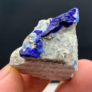 Puede incluir: Un espécimen de lapislázuli natural en bruto. La piedra presenta parches azul oscuro y azul claro con motas de pirita dorada. El lapislázuli está engastado en una matriz de roca gris y blanca. El espécimen se sostiene en una mano.
