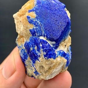Puede incluir: Un espécimen de lapislázuli natural en bruto. La piedra presenta un color azul profundo con áreas de azul más claro y motas doradas, engastadas en una matriz beige. La forma rugosa e irregular resalta su forma natural.