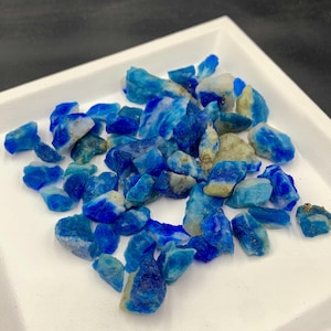 Puede incluir: Una colección de piedras preciosas de apatita azul en bruto y pulidas. Las piedras varían en tamaño y forma, mostrando tonos de azul oscuro y claro con algunas inclusiones blancas y amarillas. Están dispuestas sobre una bandeja blanca.