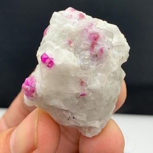 May include: A raw, uncut mineral specimen featuring a matrix of white stone with vibrant, hot pink ruby crystals. The ruby crystals are clustered throughout the stone, creating a striking contrast. The rough texture of the stone adds to its natural appeal.